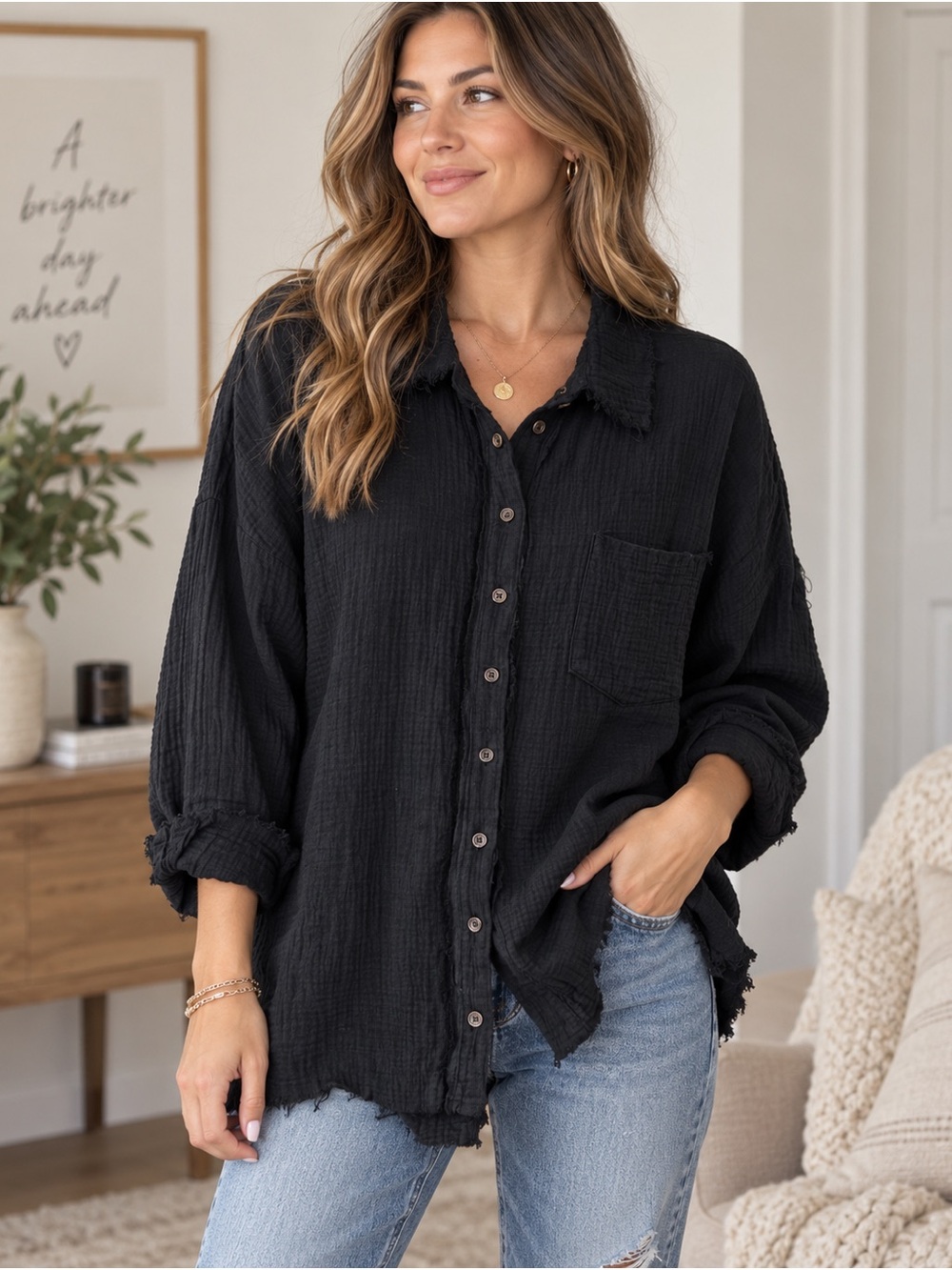 Zenana Outfitters Black Textured Gauze Button-Down Boho lagenlook plus size 1xl